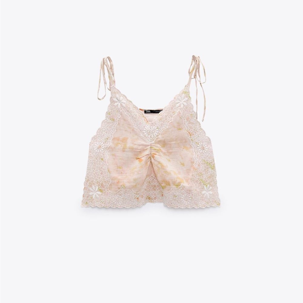 Zara NWT Women’s Pink Embroidered Tie Dye Sleeveless Boho Cami Crop Top Size L - Picture 5 of 12